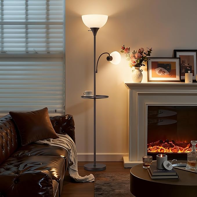 Luvkczc 72" Floor Lamp with Table, Adjustable Reading Lights, Modern Torchiere Floor Lamps for Living Room, Bedroom, Office, Brown【Bulb not Included】