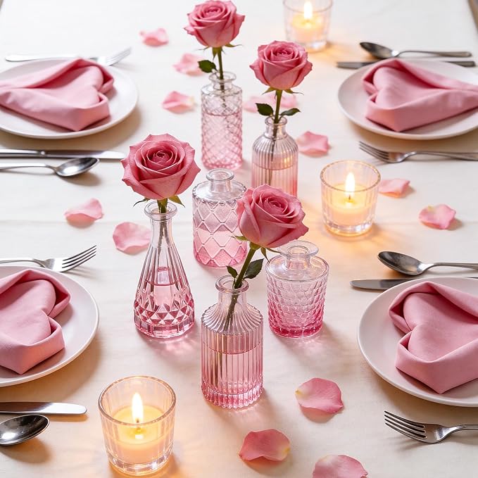 Valentine's Day Glass Pink Bud Vases Set of 12, Mini Flower Valentine Vase for Centerpieces, Small Vases in Bulk for Wedding Decorations, Vintage Vase for Table, Home Décor