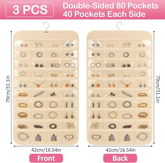 Hanging Jewelry Organizer for Closet with Swiveling Hanger, 17 x 30 In, 80 Clear Pockets Jewelry Organizer Hanging for Jewelries, Earrings, Accessories (Beige) (3, Beige)
