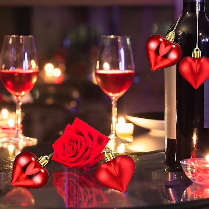 24 Pieces Valentine's Day Heart Shaped Ornaments, Glossy and Matt Heart Baubles Hanging Decorations for Valentine's Day Wedding Anniversary Home Party Decor