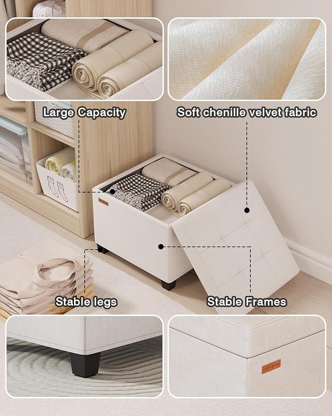 17.7 inches Chenille turfed Ottomans Cube with Legs, Metal-Framed Square Storage Ottoman Foot Rest Stool Holds 770 LB for Dorm Living Room Bedroom White UASND641W