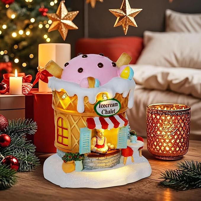 innodept12 Light-Up Gingerbread Village House Christmas Decor – Ice Cream Chalet Collectible Shop Figurine for Indoor Holiday Home Decoration