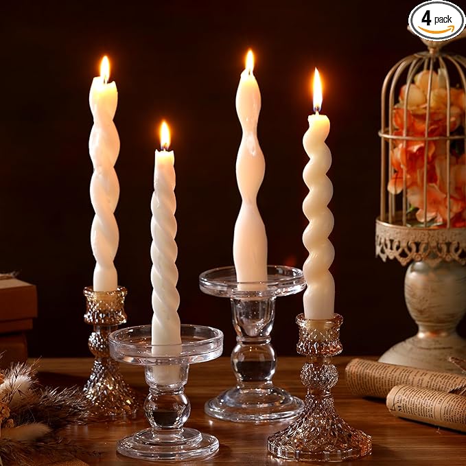Nuanchu 4 Pcs 7.87 Inch Twisted Taper Candles Wax Unscented Smokeless Spiral Swirl Candlesticks for Wedding Holiday Dinner Party Home Decorations(White)