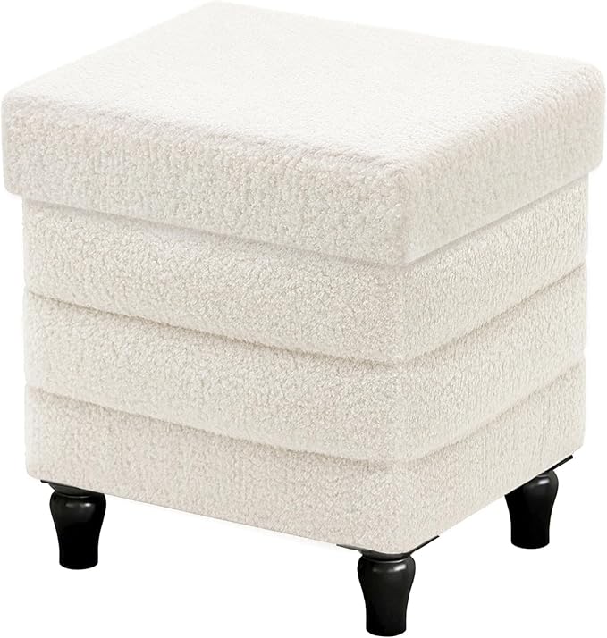 CAROLMADE Folding Storage Ottoman Cube Sherpa Footstool with Wood Legs Ottoman Footrest for Living Room and Bedroom, White 15"x12.6"x15.4"