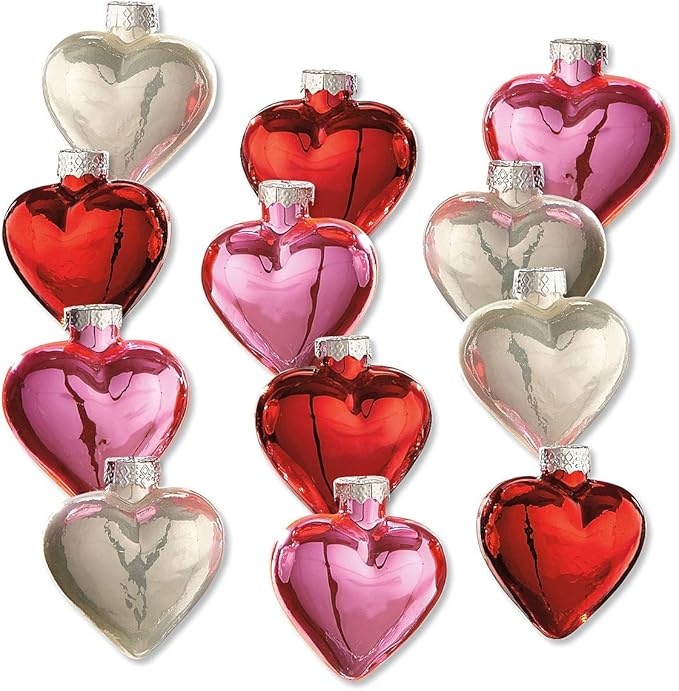 Lillian Vernon Shiny Glass Hearts Valentines Ornaments - 12 Piece Set, Blown Glass, Handcrafted Hanging Tree Decorations, Valentine's Day Holiday & Party Decor, 2" Tall Heart, Red, White & Pink