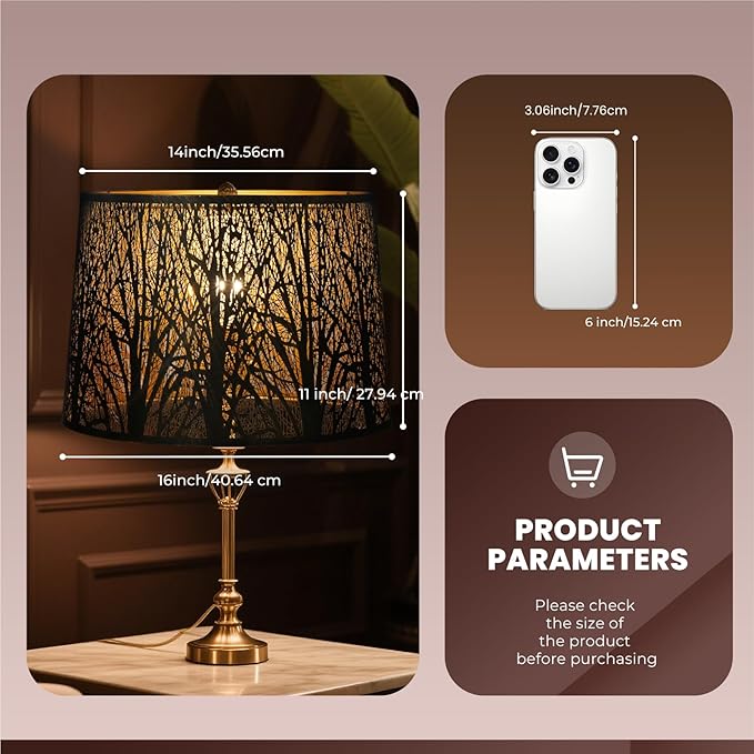 ALUCSET Extra Large Lampshade 14'' Top 16'' Bottom 11'' High Etched Metal Forest Design Metal Lamp Shade For Floor Lamps in Living Room, Bedroom, Decor, Spider Fitter, Antique Bronze and Gold Plated