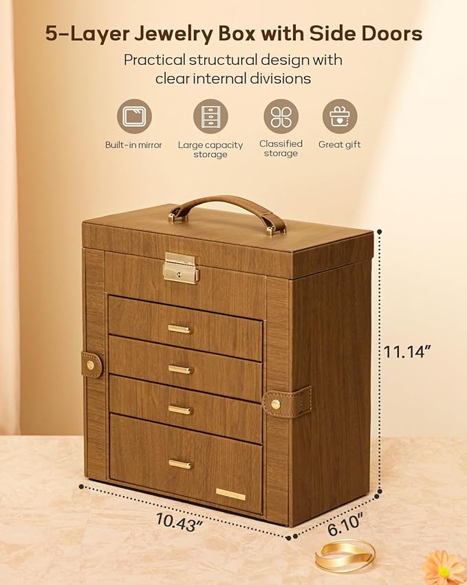 Homde Valentine's Day Gifts Synthetic Leather Huge Jewelry Box Mirrored Watch Organizer Necklace Ring Earring Storage Lockable Gift Case (Brown + Gold)
