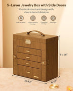 Homde Valentine's Day Gifts Synthetic Leather Huge Jewelry Box Mirrored Watch Organizer Necklace Ring Earring Storage Lockable Gift Case (Brown + Gold)
