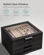 SONGMICS GISELLA Collection - Jewelry Box Organizer, 3-Layer Jewelry Storage with 2 Drawers, Shiny Metal Hardware, Glass Lid, Modern, 8 x 9.1 x 5.3 Inches, Ink Black and Silver UJBC239BK