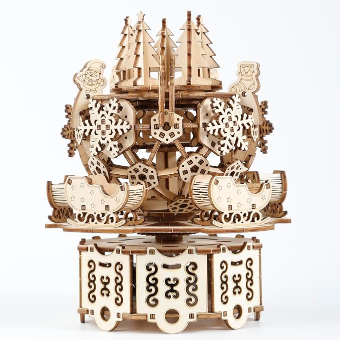 Adult 3D Wooden Christmas Music Box Assembly Kit DIY Wind-Up Mechanical Model Carousel Set Desktop Toy Birthday Gift Decorative Item Suitable for Teens 14+