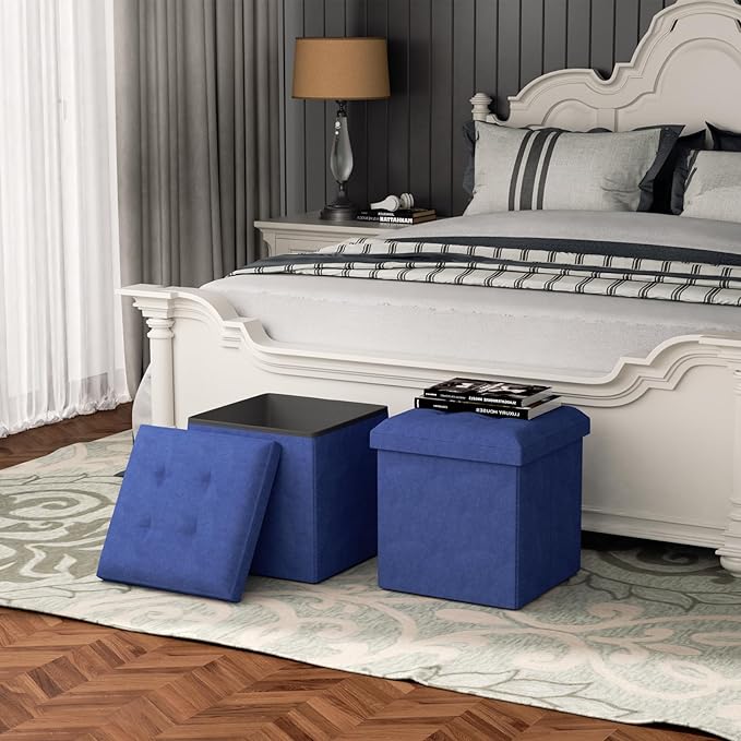MoNiBloom 15 Inch Storage Ottoman Cube, Folding Square Foot Rest Stool, Small Ottoman Footrest with Storage for Living Room, Bedroom, Entryway, Navy Blue
