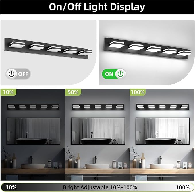 OKELI 5-Light Bathroom Vanity Light Black Modern LED Vanity Light Over Mirror Dimmable Mirror Front Lamp with 350° Adjustable Lamp Head ETL Listed 36W 6000K Cold White