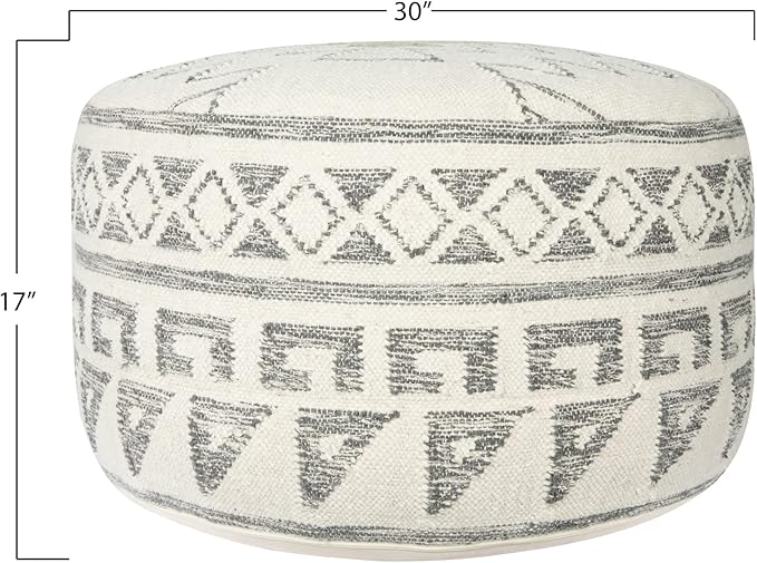 Creative Co-Op Round Wool Blend Kilim Pouf with Geometric Design, Grey