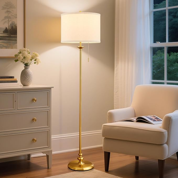 60" Gold Floor Lamp, Standing Lamp for Living Room, Bedroom, Office & Dining Room - Tall Corner Floor Lamps with Pull Chain Switch, Soft Lighting Farmhouse Design - Modern Floor Lamp (Bulb Included)