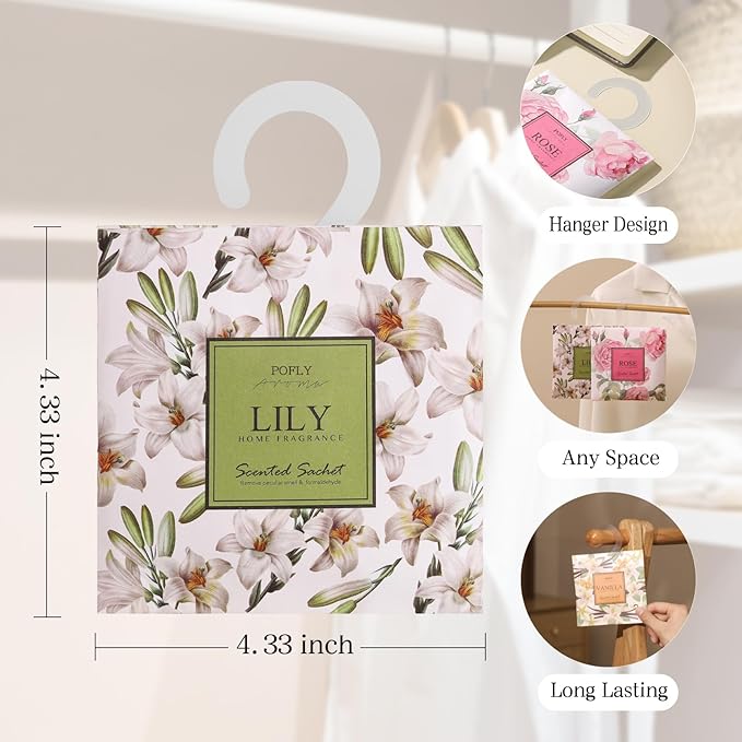 12 Pack Large Lily Scented Sachets – Hanging Closet & Drawer Deodorizer & Air Freshener, Long-Lasting Aroma