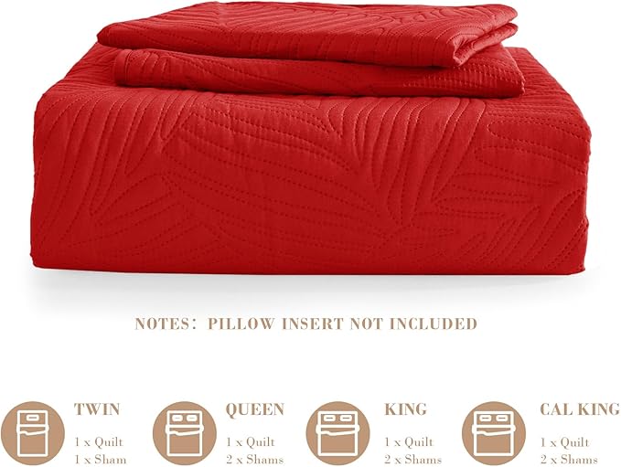 Exclusivo Mezcla California King Quilt Bedding Set, Lightweight Red Quilts Cal Oversized King Size for All Seasons, Soft Microfiber Bedspreads Coverlets with Leaf Pattern, 3 Piece