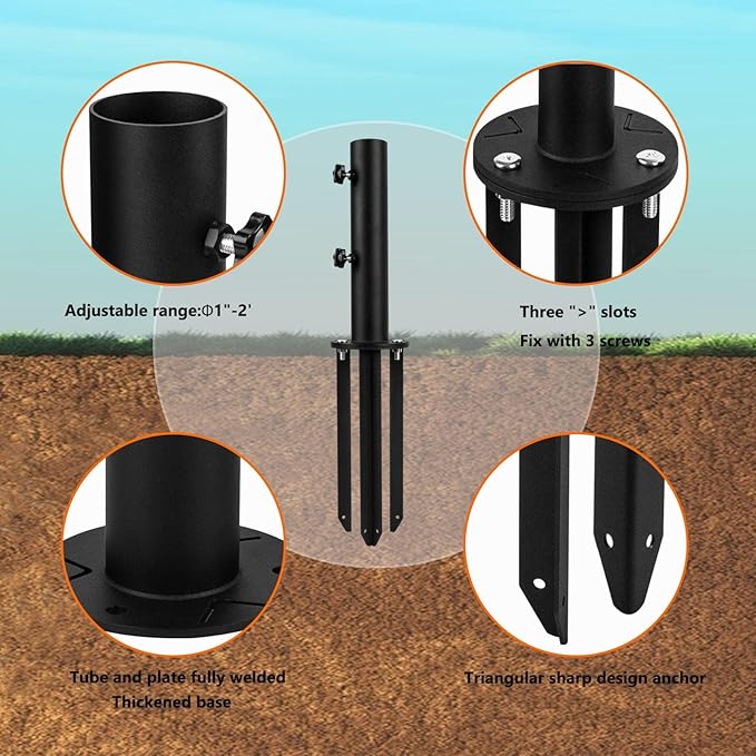 Patio Umbrella Stand Base, In-Ground Umbrella Holder, Grass Umbrella Ground Stake, Removable Inground Umbrella Stand Anchor with 3 Spike,DIY Umbrella Stand Parts for Deck,Lawn,Beach,Table