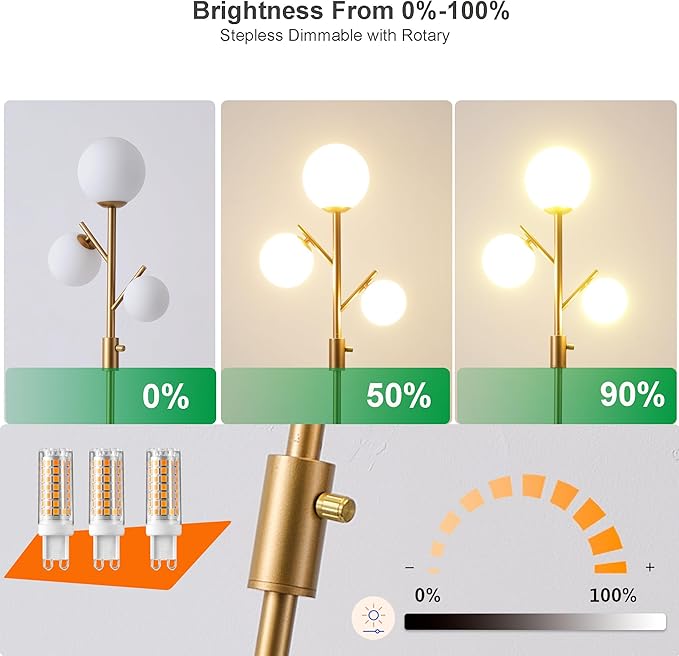 Fiqevs Upgraded Dimmable Globe Floor Lamp for Living Room, Mid Century Modern Gold Tree Floor Lamps with LED Bulbs, Elegant Standing Lamp for Bedroom Office Dining Room