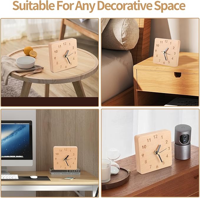 Wooden Desk Clock, 4 inch Small Analog Clock Desktop Decoration, Modern Desk and Shelf Clock, Silent Non-Ticking Battery Operated Table Clock, Mantel Clock for Office, Living Room, Bedroom