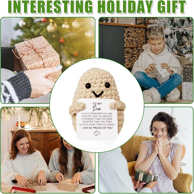 WASTIME Funny Knitted Wool Doll Toy with Positive Card - Creative Cute Mini Crochet Positive Potato Dolls Cheer Up Gift for Family Kids Friends Encouragement Decoration (B- to My Son)