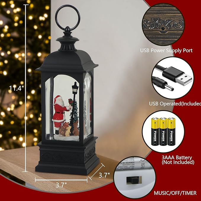 Eldnacele Santa Music Snow Globe Lantern with 6 Hour Timer, Battery Operated & USB Powered Singing Lighted Lamp Swirling Water Glittering Christmas Decoration Holiday Decor Lantern