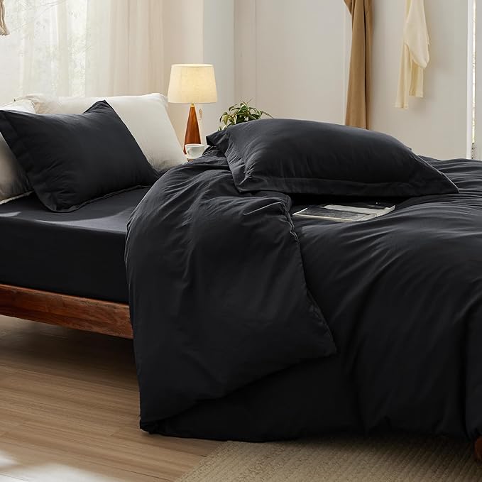 Bedsure Duvet Cover Queen Size with Fitted Sheet - 4 Pieces Prewashed Cotton-Like Extra Soft Bedding Set, Includes 1 Duvet Cover 90x90 Inches with Zipper Closure, 2 Pillow Shams, 1 Fitted Sheet, Black