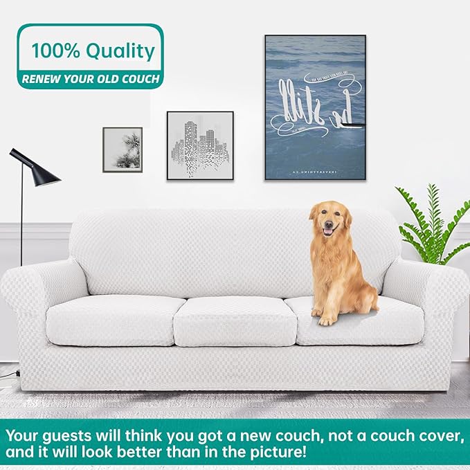 YEMYHOM Latest Checkered 4 Pieces Couch Covers for 3 Cushion Couch Extra Large High Stretch Thickened Sofa Cover for Dogs Anti Slip Furniture Protector Sofa Slipcovers (White), 91"-110"(3 Cushions)