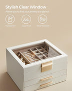 SONGMICS GISELLA Collection - Jewelry Box Organizer, 3-Layer Jewelry Storage with 2 Drawers, Shiny Metal Hardware, Glass Lid, Modern, 8 x 9.1 x 5.3 Inches, Cloud White and Gold Color UJBC239WT