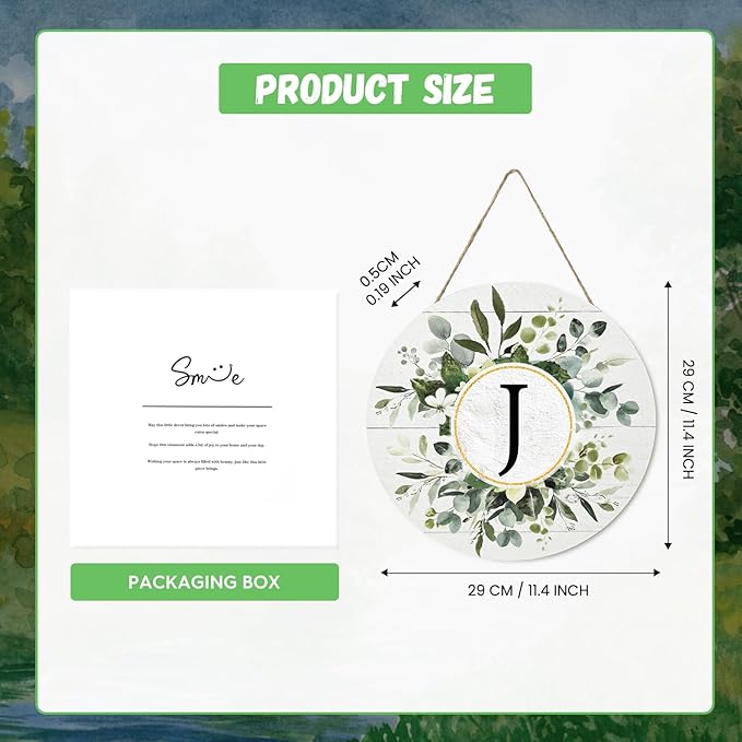 Smile Monogram Letter J Wreaths Wooden Welcome Sign, Family Last Name Initial Front Door Wall Decoration, Floral Spring Summer Porch Rustic Home Kitchen Decor