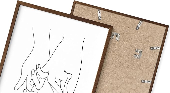 Holding Hands Wall Art Interlocking Fingers Continuous Line Drawing Love Connection 12x16 Inch Oak Wood Walnut Framed Modern Romance Print for Bedroom
