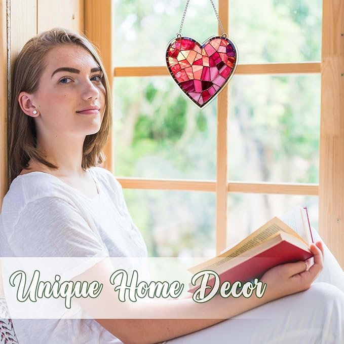 Acrylic Heart Gifts for Women Lovers Pink Valentine's Day Stained Glass Design Hanging Ornaments, Ornaments for Home Window & Car Decor, Sun Catcher for Home Decor