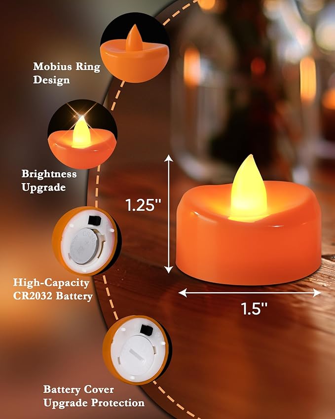 Halloween Flameless Candles, 12-Pack Orange Tea Lights Candles Battery Operated, LED Pumpkin Lights Flickering, Electric Fake Tealight Candles, 1.5'' D X 1.25'' H