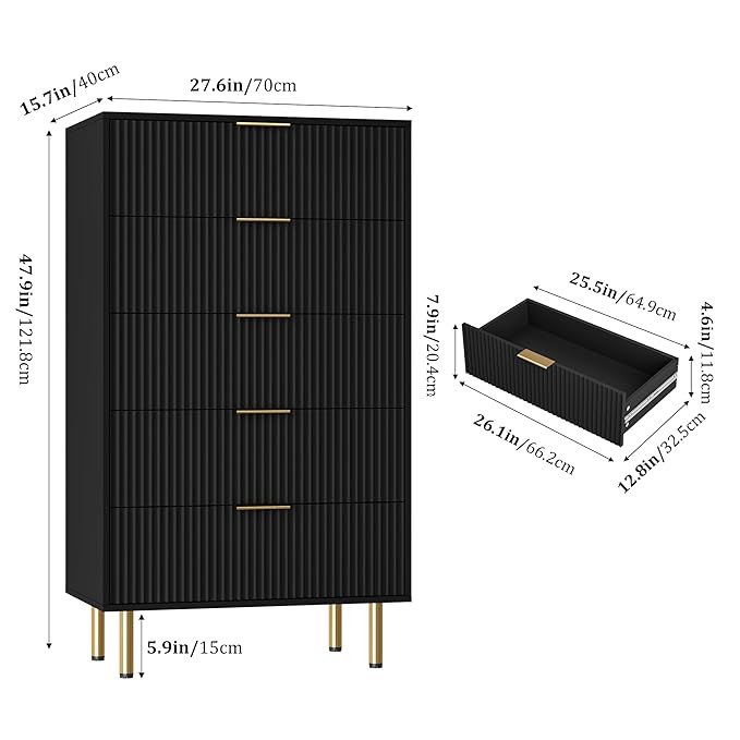 GarveeHome 5 Drawers Dresser for Bedroom, Fluted Dresser Chest of Drawers with Handle, Wood Modern Dressers for Closet, Bedroom Furniture Storage Organizer for Living Room, Hallway