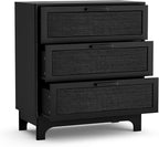 Anmytek 35" H Black Rattan Dresser, Farmhouse 3 Drawer Dresser with Natural Rattan Spacious Chest of Drawers for Living Room, Nursery, Hallway H0096