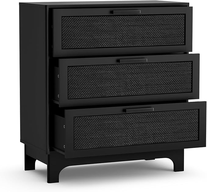 Anmytek 35" H Black Rattan Dresser, Farmhouse 3 Drawer Dresser with Natural Rattan Spacious Chest of Drawers for Living Room, Nursery, Hallway H0096