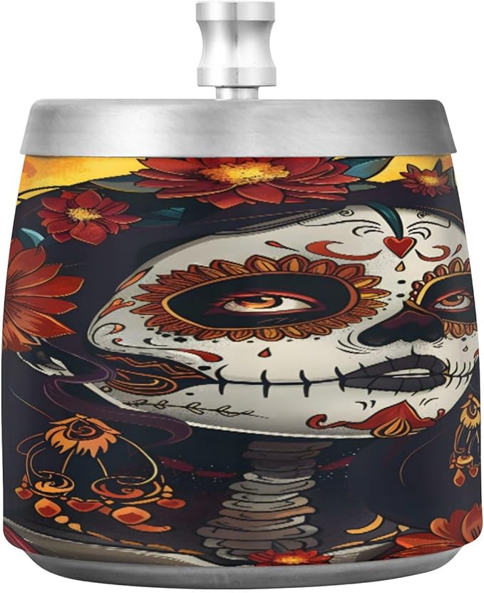 Girl Day Of The Dead Ashtray with Lid, Outdoor Ashtrays for Patio, Stainless Steel Ashtray Odorless Smokeless for Home Office Balcony