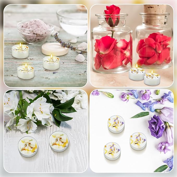 Honoson 12 Pcs Scented Tealights Dried Flower Candles Wedding Bridesmaid Gift 4 Floral Scents Jasmine Lavender Rose and Globe Purple 8-hour Smokeless Tealight Candles for Wedding Bridal Shower Spa