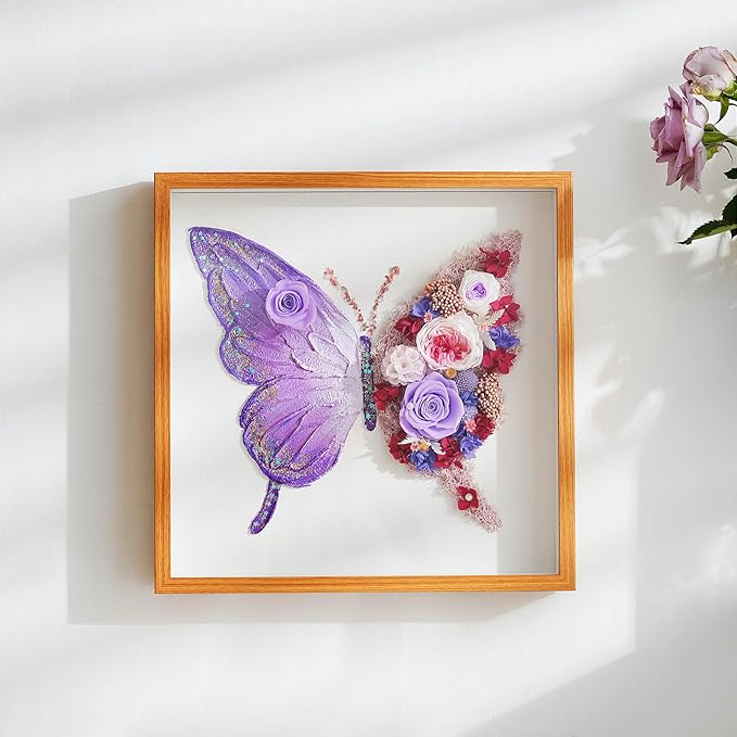ADDWel Preserved Rose Butterfly Shadow Box - Romantic Valentine's Day Gifts for Mom Wife Girlfriend, 12x12 Handmade Forever Flower Wall Art, Unique Anniversary Birthday Purple Gifts