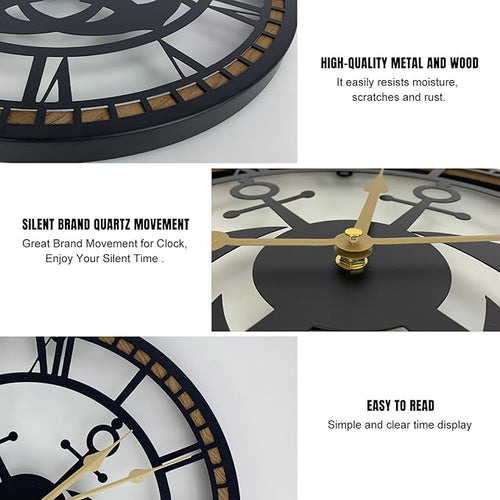 16 Inch Wall Clock, Anchor Wall Clock, Silent Non Ticking, Battery Operated Large Decor Clocks for Living Room Decor, Kitchen, Office (Nautical Style)