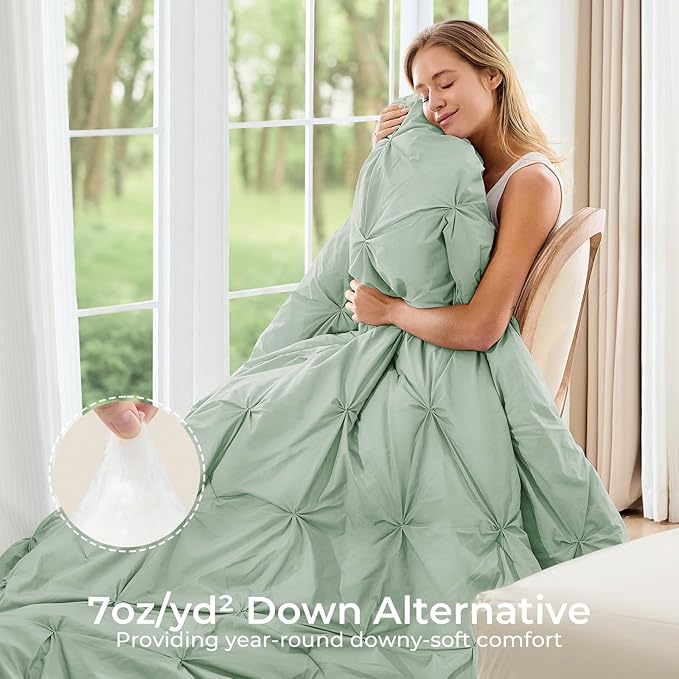 Sasttie California King Comforter Set, 7-Piece Bed in a Bag, Pintuck Bedding Sets for All Season, Includes Comforter, Flat Sheet, Fitted Sheet, Pillowcases and Pillowshams, Sage