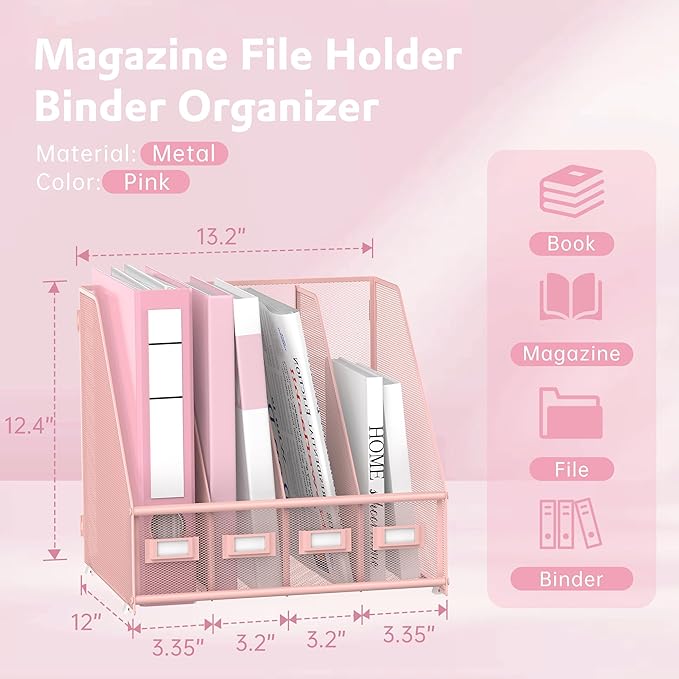 SUPEASY Magazine File Holder Desk Organizer, Metal Binder Holder with 4 Vertical Compartments for Office Home School, Pink
