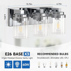 Bathroom Vanity Light, 3 Light Bathroom Light Fixtures with Clear Glass Shade, Polished Chrome Vanity Light Fixtures Over Mirror for Bedroom Living Room,E26