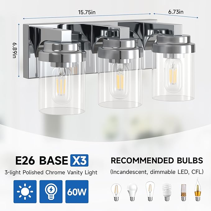 Bathroom Vanity Light, 3 Light Bathroom Light Fixtures with Clear Glass Shade, Polished Chrome Vanity Light Fixtures Over Mirror for Bedroom Living Room,E26