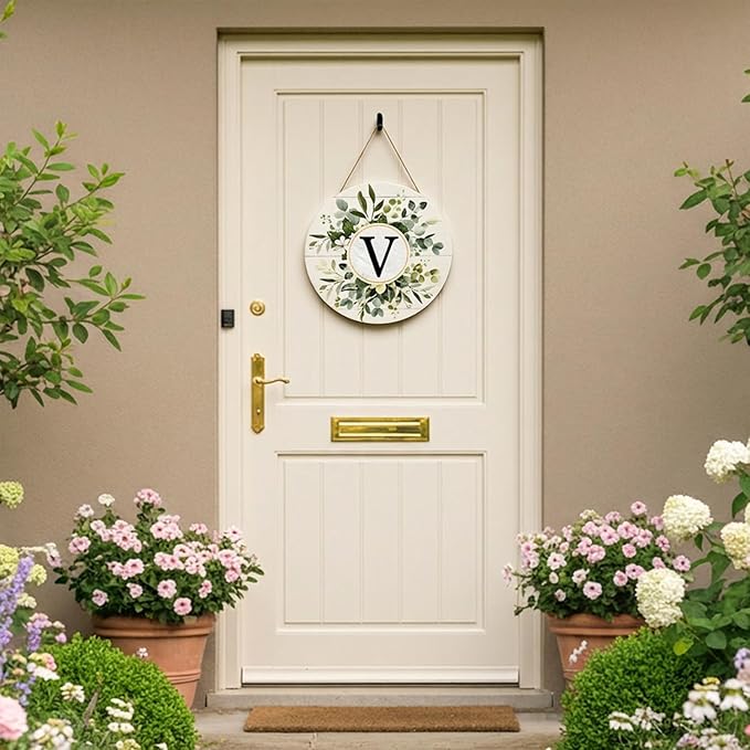 Smile Monogram Letter V Wreaths Wooden Welcome Sign, Family Last Name Initial Front Door Wall Decoration, Floral Spring Summer Porch Rustic Home Kitchen Decor
