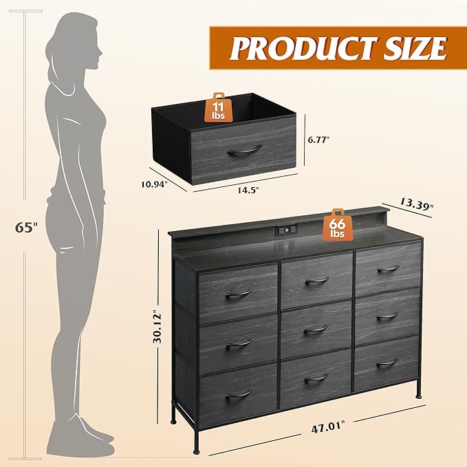 WLIVE Black Dresser TV Stand for 45, 50, 55 inch TV, Entertainment Center with LED Lights & Charging Station, Chest of drawers with 9 Fabric Drawers and Open Shelves for Living Room, Hallway, Wood Top