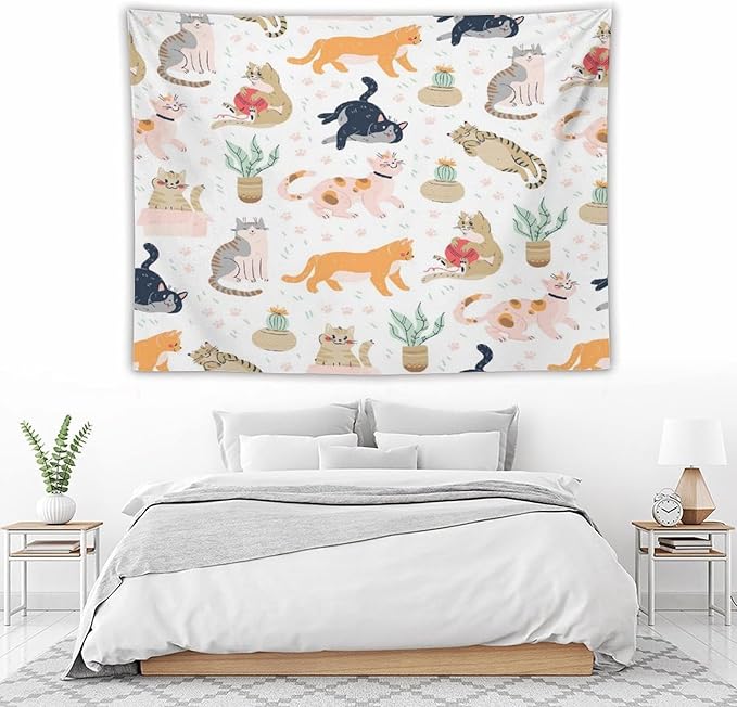 VUMIVI Cute Cat Tapestry Kids Hand-Painted Doodles Colorful Illustrations Potted Plants Paw Prints Tapestry Wall Hanging for Living Room Bedroom Dorm Classroom Aesthetic Decor W80xL60in
