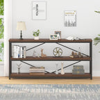 IBF Walnut Low Wide Bookcase, Vintage 63 Inch Long 3 Tier Open Book Shelf, Farmhouse Big Wood Metal Sturdy Bookshelf Display Case, Simple Large Etagere Bookshelves for Home Living Room Office Bedroom
