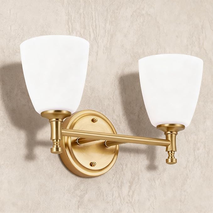 Bathroom Light Fixtures, 2-Light Brass Vanity Light with Milk Glass Shade Vintage Above Mirror Lamp Wall-Mounted Wall Sconce for Bedroom, Living Room, Hallway, Stairway, Sink (Bulb not Included)
