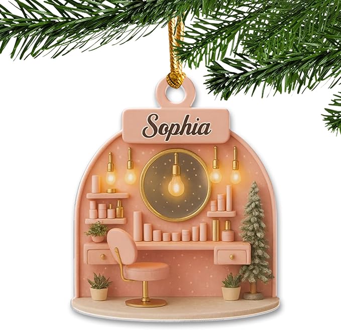 Personalized Pink Makeup Christmas Ornament 2025, Custom Acrylic Hanging Decoration, for Teen Girl, Beauty Artist Keepsake, Makeup Christmas Tree Ornament