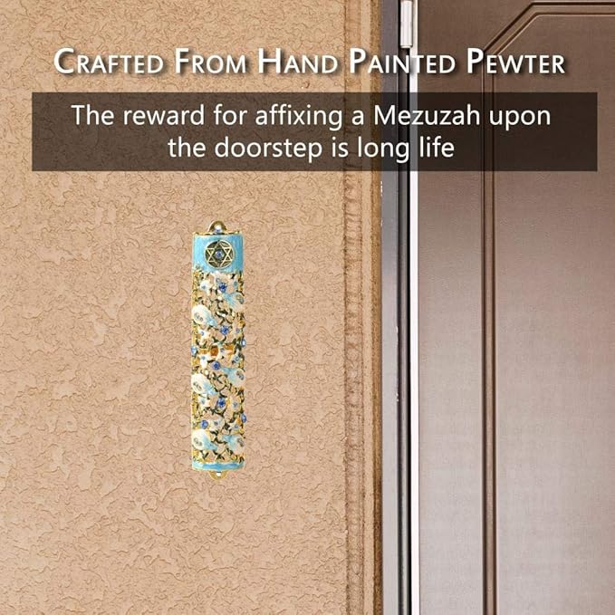 Matashi 6" Hand Painted Enamel Mezuzah Embellished with a Ivy and Flowers Design with Gold Accents Blue Crystals